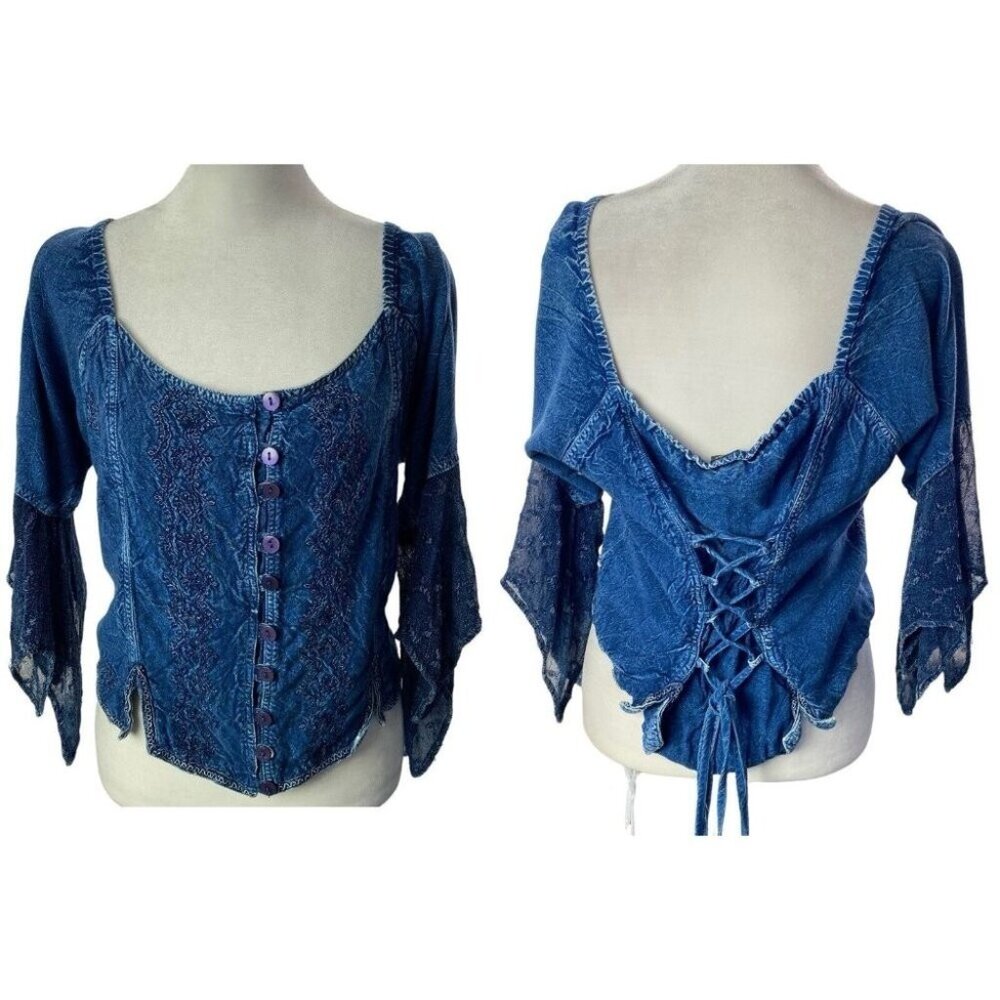 L'POGEE Women Crisscross‎ Tie Back Lace Sleeves Top Sz M Blue Y2K 90s Fairy 61-8